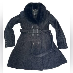 Y2K Blanc Noir Lace Coat w/ Faux Fur Collar Belted Black Size L